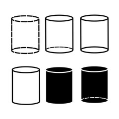 Cylinder shape icons. Outline silhouette cylinder icon set styles. Geometric vector symbols. Solid and dashed outlines. Cylinder shape isolated on white background