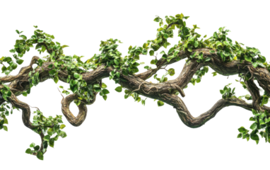 Twisted jungle vines leaves and branches on transparent or white background