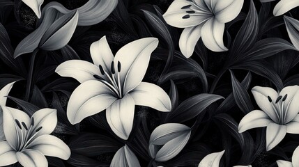 Elegant monochrome lily pattern. Dark background, light flowers