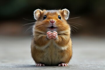 A happy hamster with an open mouth and wide arms, isolated on a white background