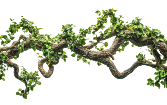 Twisted jungle vines leaves and branches on transparent or white background