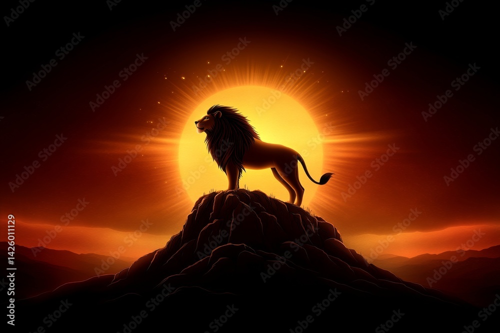 Poster A majestic lion stands atop a mountain, overlooking its kingdom under the setting sun. This vector illustration features a flat design style with a focus on bold lines and shapes, using earthy
