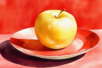 Yellow apple on a crimson plate, bathed in warm light.