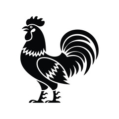 Black Silhouette Vector of Rooster with Spiky Plumage and Curved Tail Feathers in Side Profile on Light Background