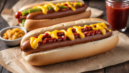 Two loaded hot dogs with mustard, ketchup, relish, and ketchup, ready to enjoy