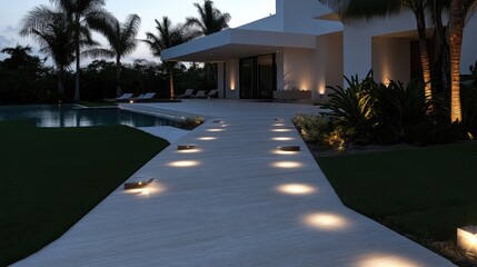 Fototapeta premium Outdoor pathway illuminated by embedded lights, leading to modern home. Lush landscaping surrounds a pool area