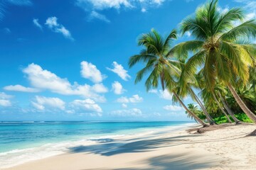 Picturesque beach scene featuring palm trees and azure water under blue skies