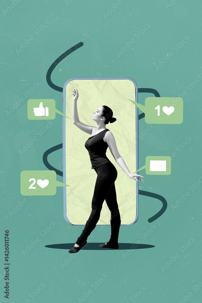 Poster abstract collage of person dance stand front gadget screen with likes on green color background