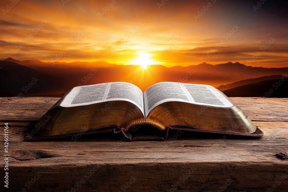 Poster a photo of an open bible with the pages turning, symbolizing biblical wisdom and christian divinity.
