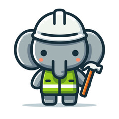Fototapeta premium Cartoon Elephant Civil Engineer with Hammer. Gray pachyderm in safety vest and white hardhat ideal for engineering company branding or construction project management marketing.
