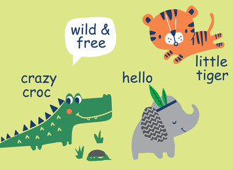 little animals wild tiger elephant t shirt print  illustrations vector art