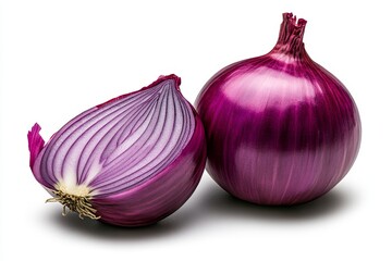 A pink onion, cut in half, isolated on a white background with a clipping path