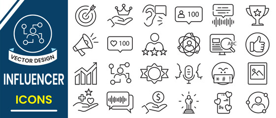 Influencer icon set. Influencer related line icon vector illustration design. Containing follower, social media, passion, creator, celebrity, community icon and more. Vector illustration.