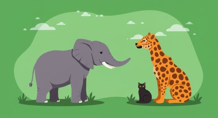 Elephant Giraffe and Cat in Green Field