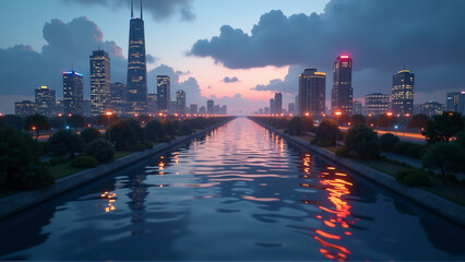 Obraz premium Abstract City Divided by River: One Bank Prosperous & Bright, Other Bank Underdeveloped & Dim