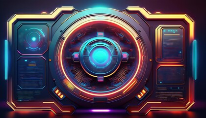 Fototapeta premium Visionary 3D Futuristic Interface Illuminated by Neon Glows, Incorporating HighTech Elements and CuttingEdge Design in an AweInspiring Cyberpunk Scene