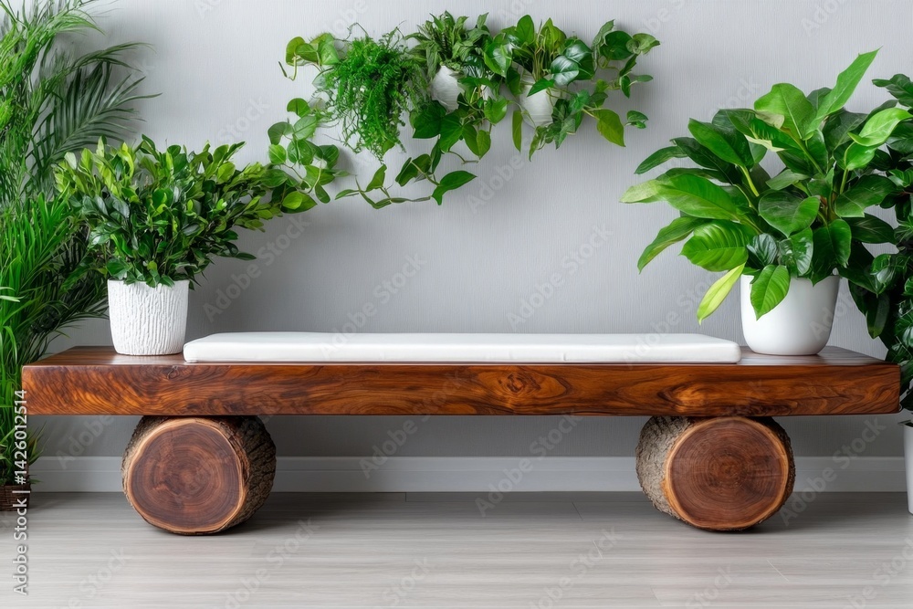 Aufkleber A simple wooden bench with round log legs and white cushions, placed in front of the wall. The background is a light-colored solid surface with some plants on it, creating an atmosphere of tranquility