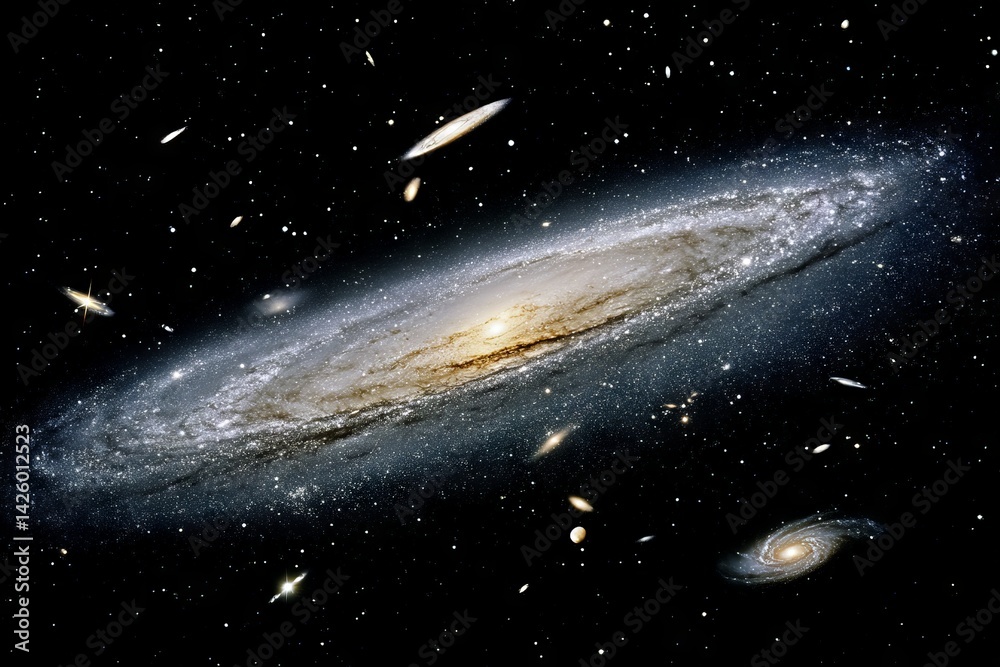 Poster vast galaxy clusters showcasing spiral and elliptical shapes in the dark expanse of space