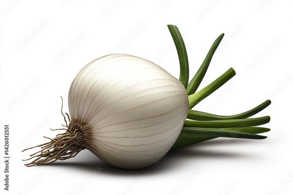 Poster A single white onion, whole and unpeeled, isolated on a blank background with no shadows or text. The texture of the skin is detailed and realistic, showcasing its natural shape and soft edges.