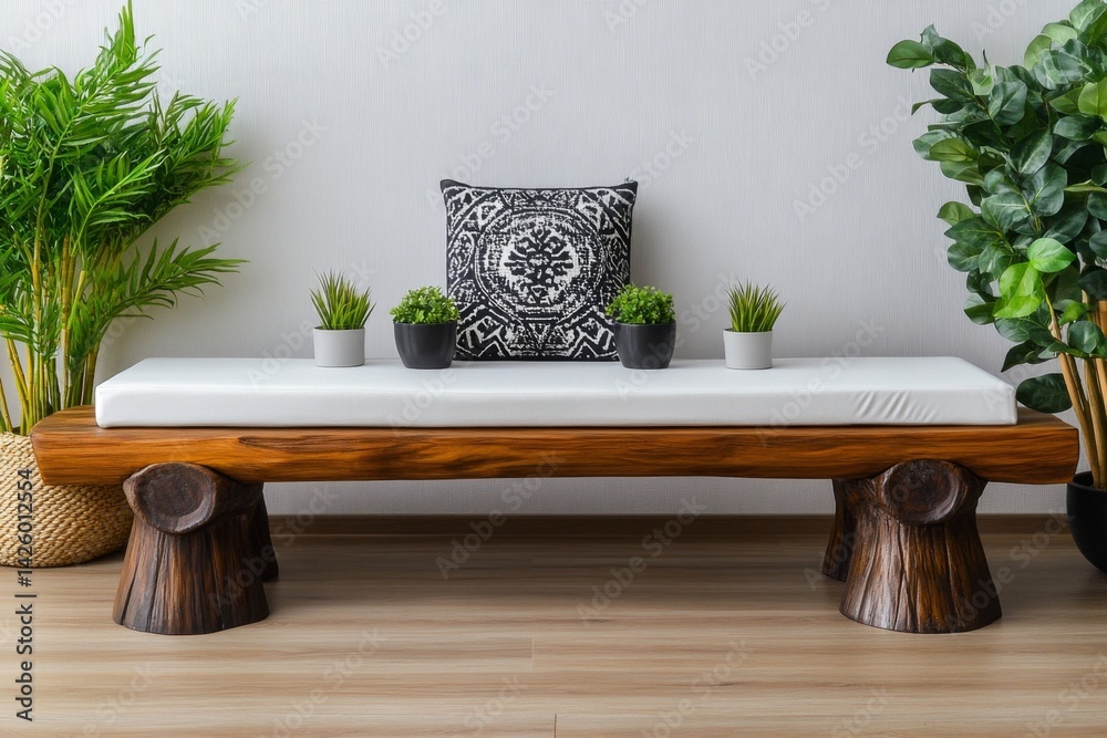 Aufkleber A simple wooden bench with round log legs and white cushions, placed in front of the wall. The background is a light-colored solid surface with some plants on it, creating an atmosphere of tranquility