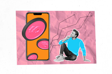 Composite artwork photo collage template sketch of young man sit smartphone display ecommerce money coins shopping arrow up graphics