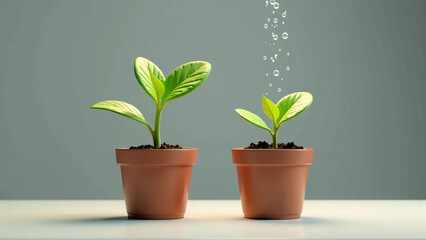 Obraz premium Two Identical Seedlings, One Watered Generously (Growing Tall), One Receiving Few Drops (Stunted)