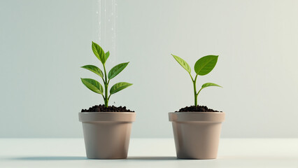 Two Identical Seedlings, One Watered Generously (Growing Tall), One Receiving Few Drops (Stunted)