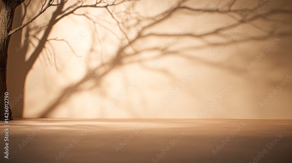 Poster frontal medium-wide shot captures a pristine white wall adorned with a delicate tree branch shadow, 