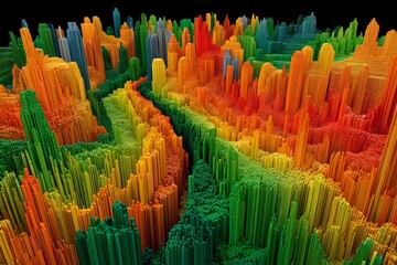 Colorful digital landscape representation of sound wave data captured in a 3D format during a creative visualization project
