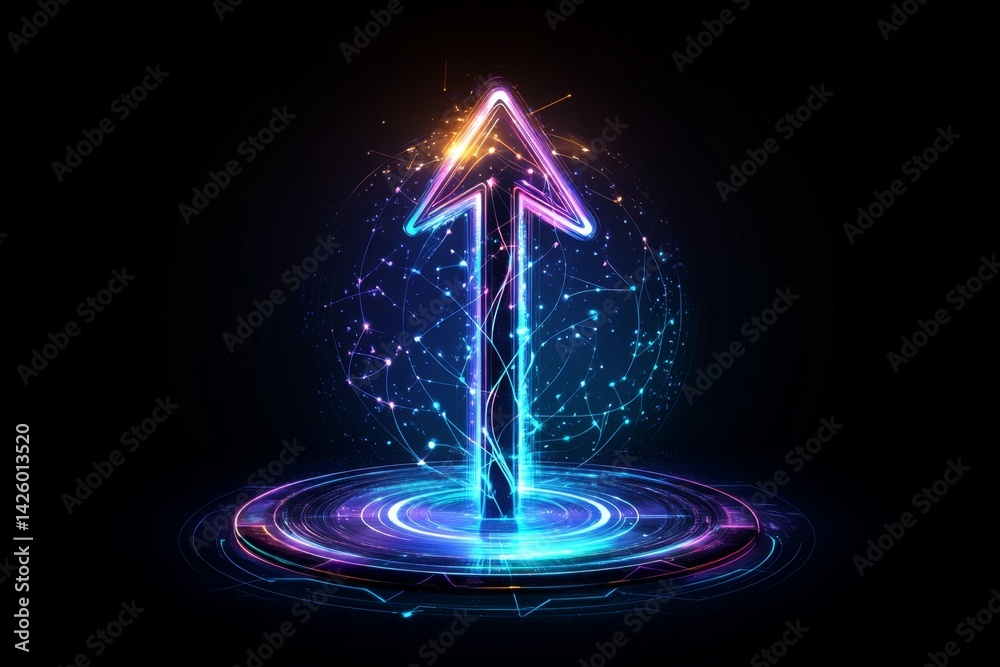Poster abstract background with glowing arrows growing upwards, an upward arrow graph on a dark blue and co