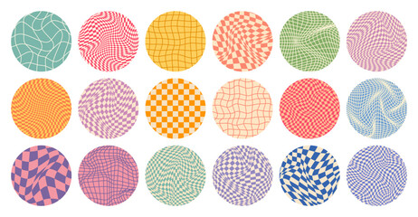 Groovy checkered pattern, round colorful tiled grid. Vintage wavy curved backdrop, distortion effect. Funky geometric chessboard texture, retro background in 90s style, y2k. Vector illustration