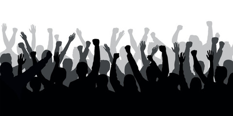 Silhouette of a crowd of people with hands in the air - show spectators, sport fans, protest, demonstration, music festival, people cheering vector illustration