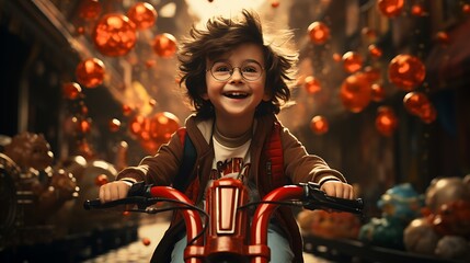 A child happily riding a red tricycle in a safe neighborhood.