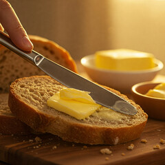 Frische Butter wird auf eine Scheibe Brot geschmiert
