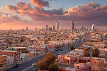 Vibrant skyline of Riyadh at sunset with urban landscape and dramatic clouds illuminating the city