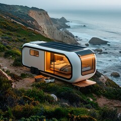 A futuristic white camper van with solar panels is parked on a cliff overlooking a dramatic ocean coastline at sunset offe stunning views and comfortable accommodation.