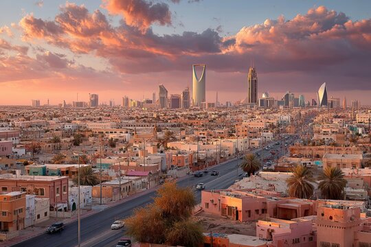 Vibrant skyline of Riyadh at sunset with urban landscape and dramatic clouds illuminating the city