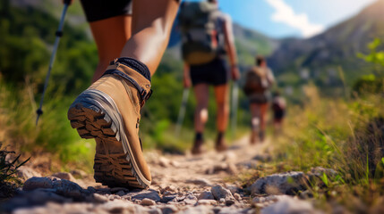Group of people are hiking up a mountain trail, with one person's foot visible in the foreground. Concept of adventure and exploration, as the group of hikers make their way up the rocky path