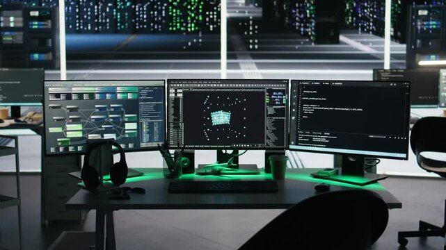 Server farm computer systems controlling network resources through node tree programming software. Visual programming tools on PC screens enabling streamlined data processing