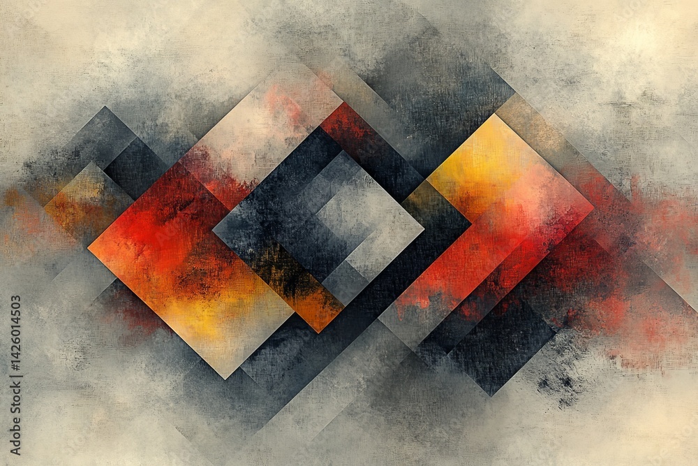 Poster abstract geometric design featuring layered shapes in red, yellow, and gray tones with textured back
