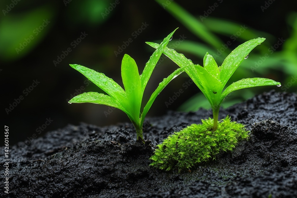Poster close-up of small green plants growing on wet black soil, with some patches covered in moss. the gro