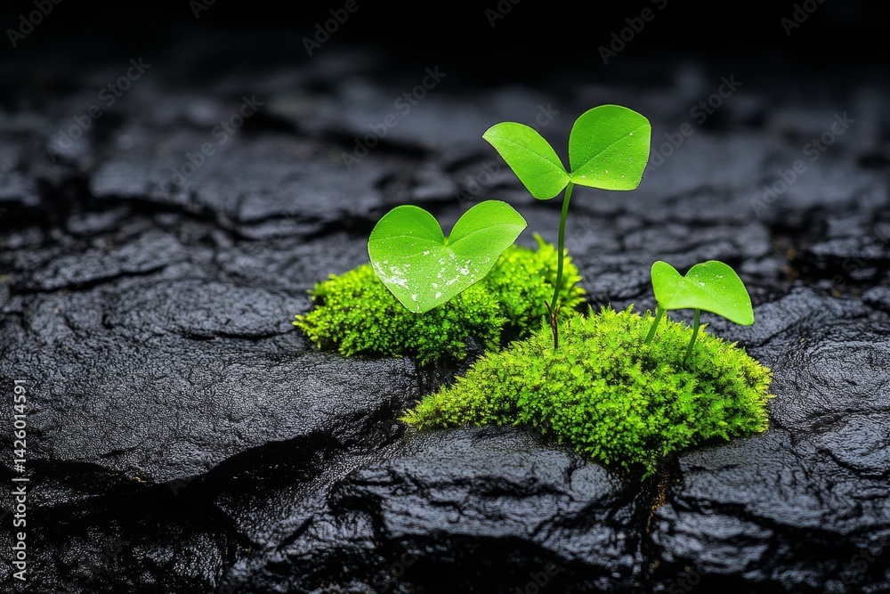 Poster close-up of small green plants growing on wet black soil, with some patches covered in moss. the gro