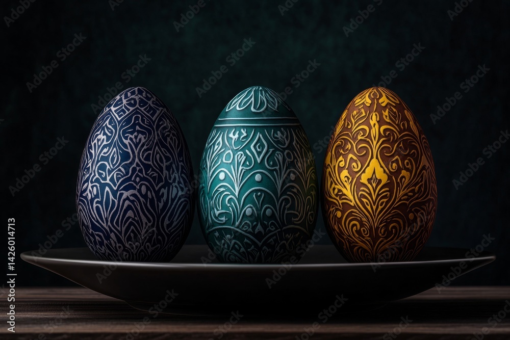 Poster colorful easter eggs with decorative patterns on a wooden background, with space for text. happy eas