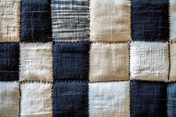 Hand-stitched patchwork textile featuring blue, white, and tan squares, showcasing unique fabric textures and patterns