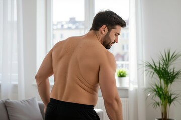 Obraz premium Muscular man with fat folds in bright modern living room. Serious expression, looking over shoulder. Concept of weight loss and fat folds in contemporary setting.