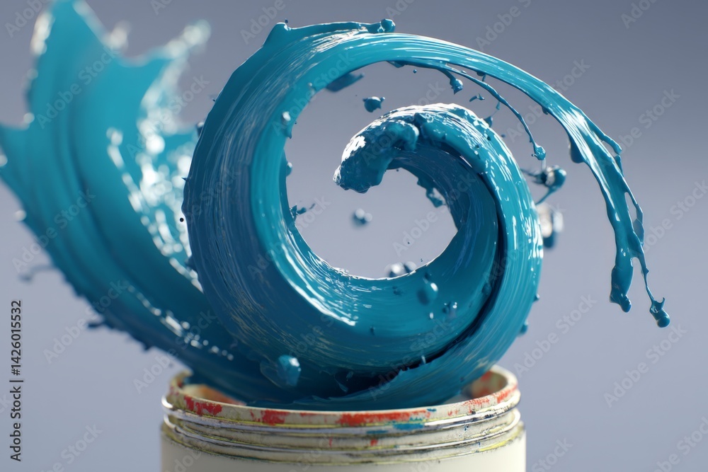 Aufkleber vibrant blue paint swirling dynamically from a jar against a soft gray background