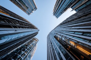 Modern Skyscrapers Reach for Sky: Architectural Marvels in Urban Skyline, Glass and Steel Designs, Futuristic Cityscape