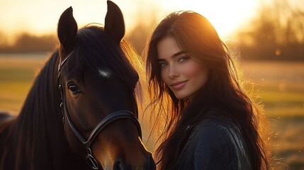 Obraz premium Woman and horse at sunset