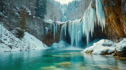 Winter waterfall cascading into turquoise lake
