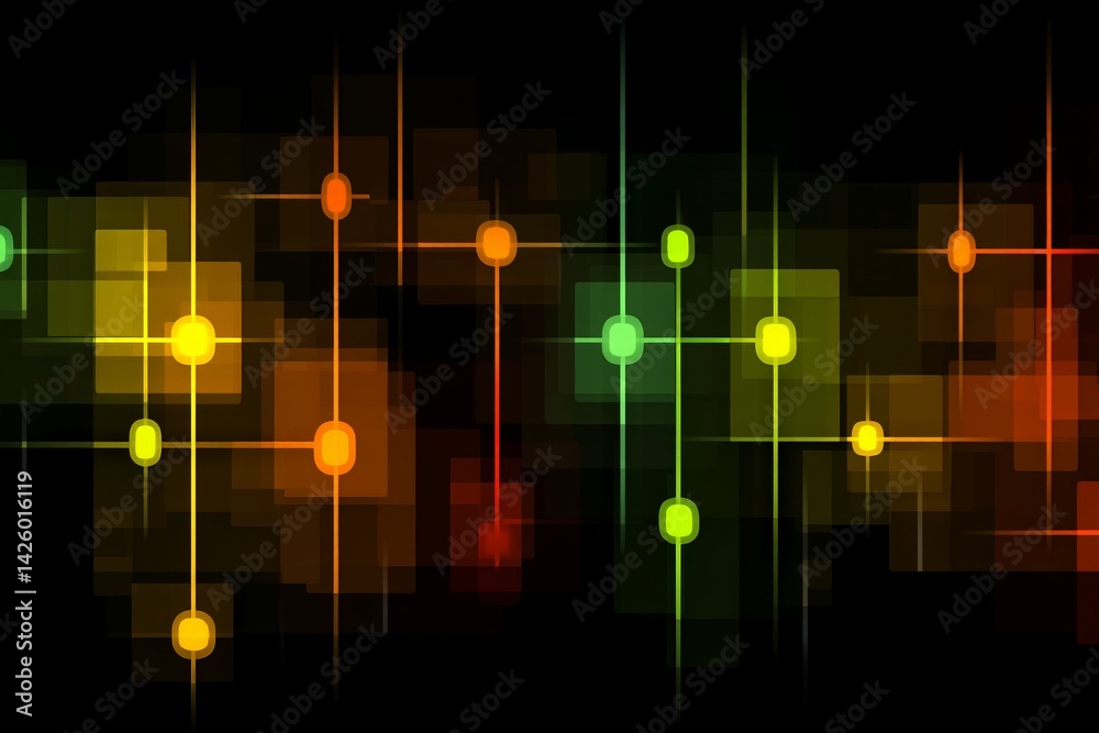 Poster Colorful abstract pattern of light shapes on a dark background showcasing vibrant hues and geometric designs